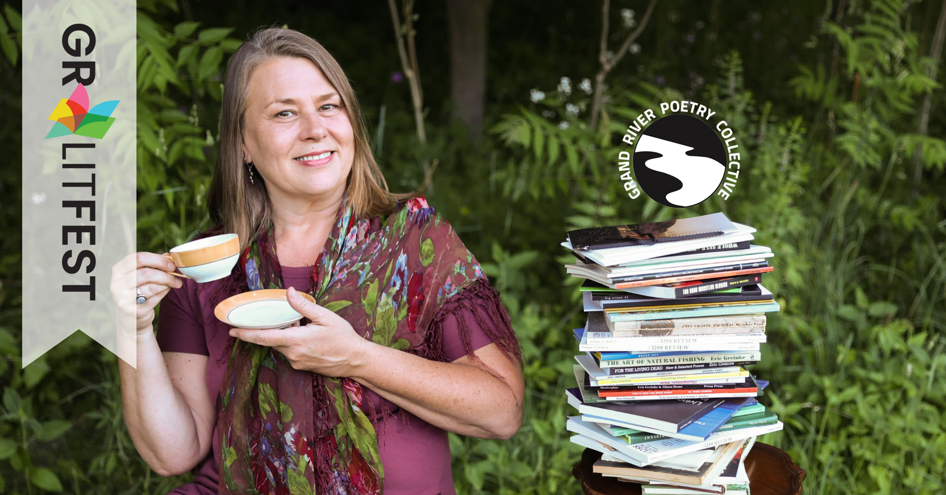 poet with tea cup and stack of book
