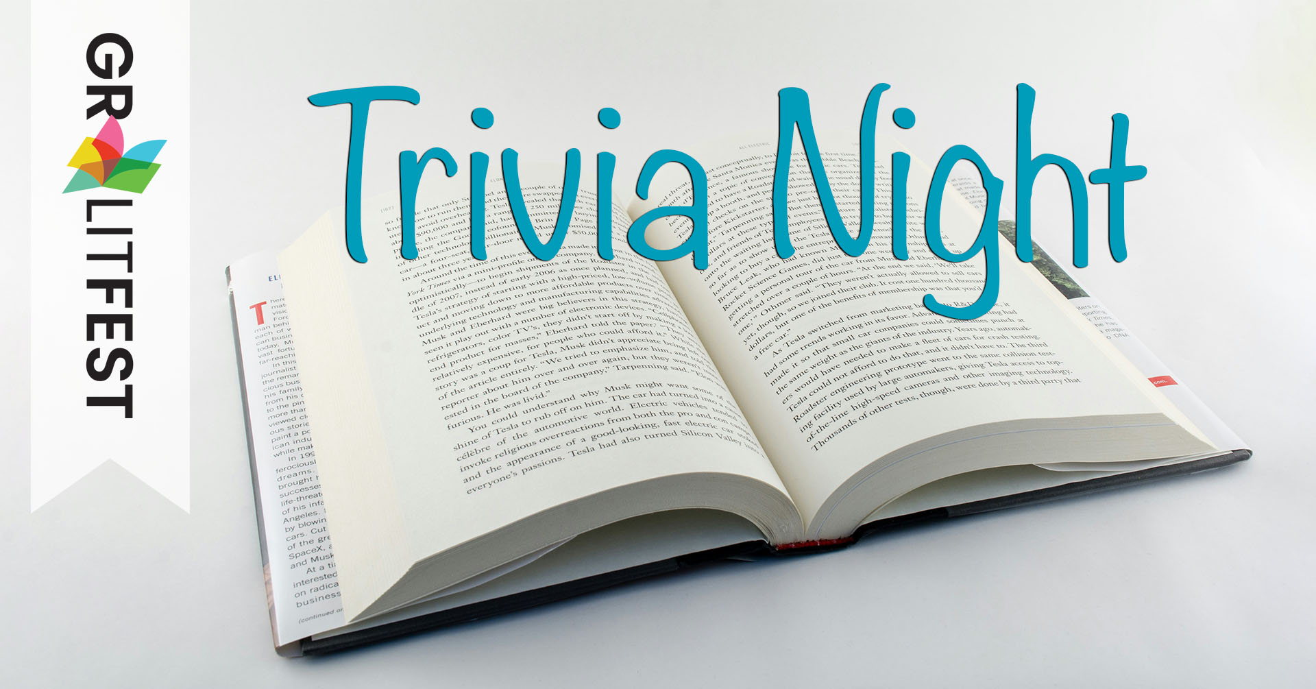 book open with GR Lit Fest logo and words trivia night