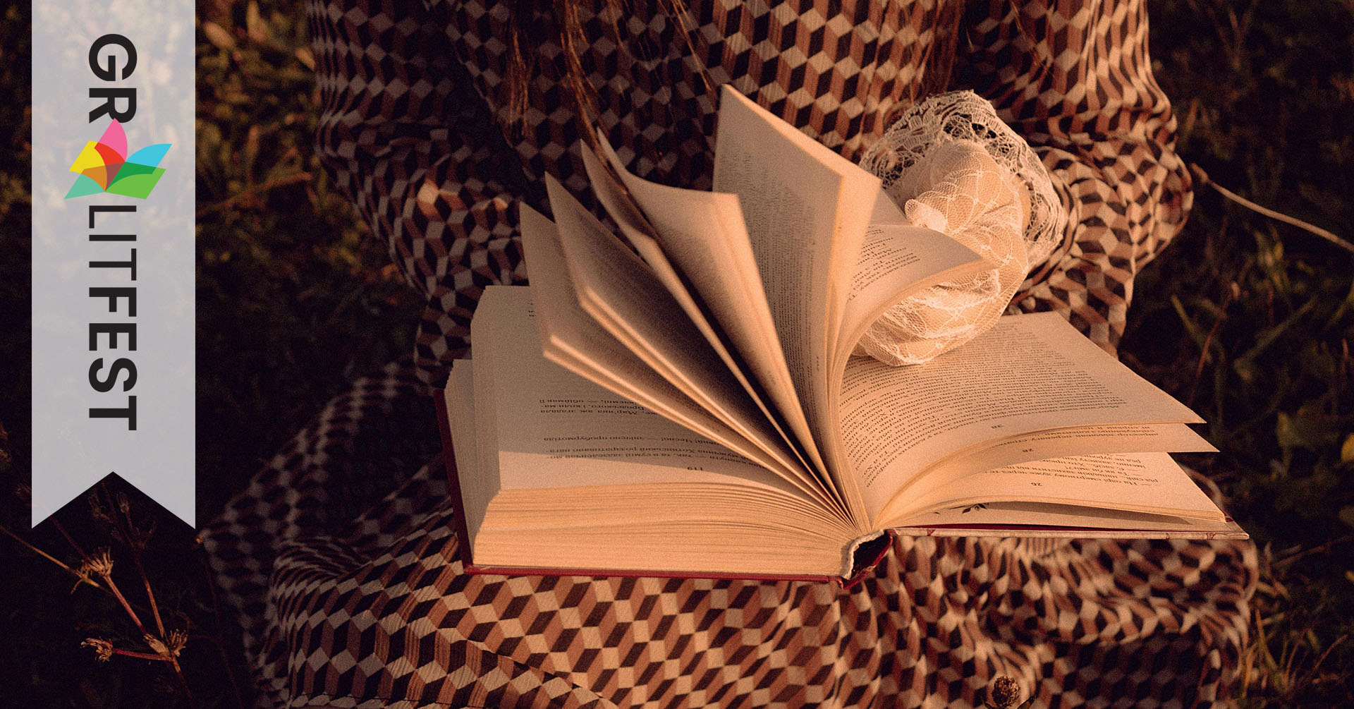 woman in dress and lace gloves flipping pages of book